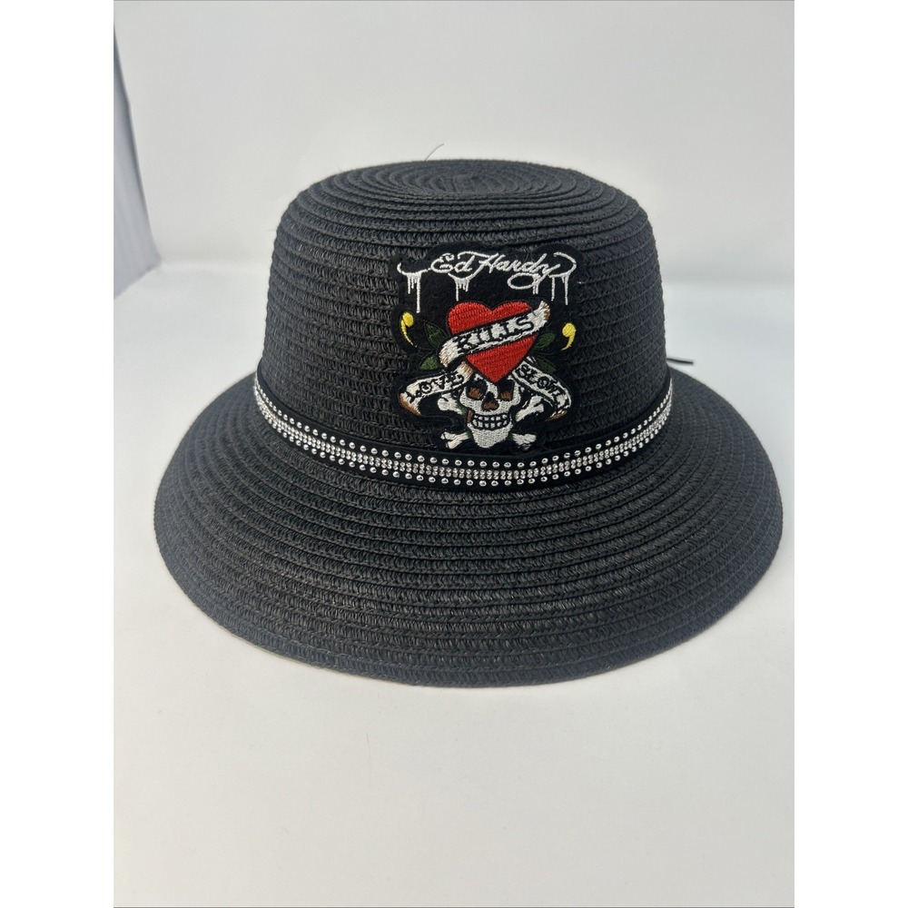 NWT Ed Hardy Women's Straw Black Sun Hat With Skull Patch And Rhinestone Band